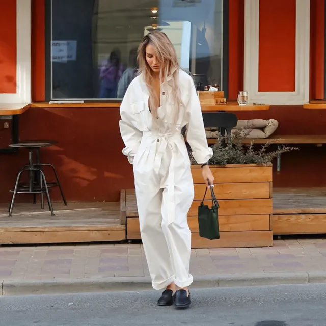 Fashion Polo Collar Long Sleeve Casual Wide Leg Jumpsuit White - Shop at LoveMi