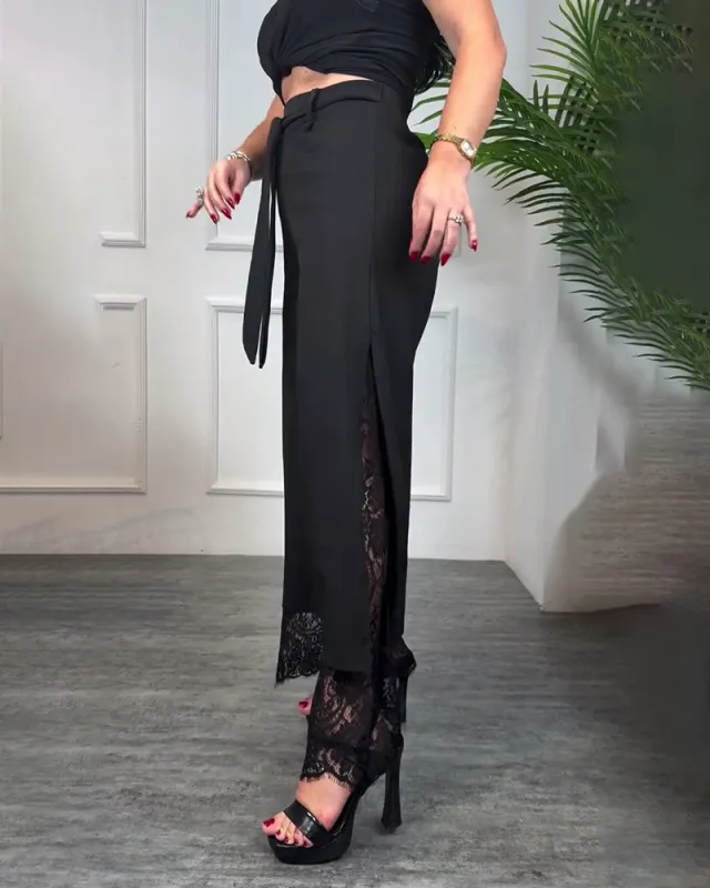 Women's Solid Color Lace Stitching Tied Trousers Black - Shop at LoveMi