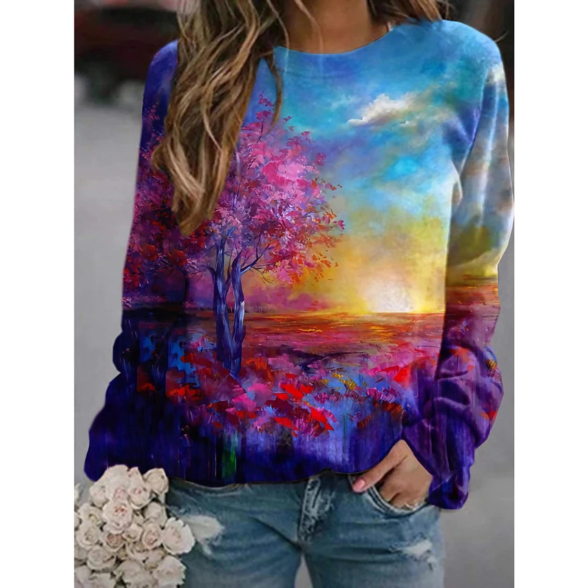 Title 8, Landscape Flower Floral Print Long Sleeve Pullover