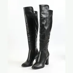 Women's Side Zipper Design Pointed Toe Chunky Heel Long Boots - Black - View 1