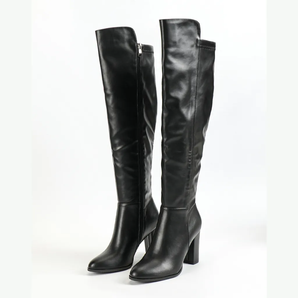 Women's Side Zipper Design Pointed Toe Chunky Heel Long Boots - Black