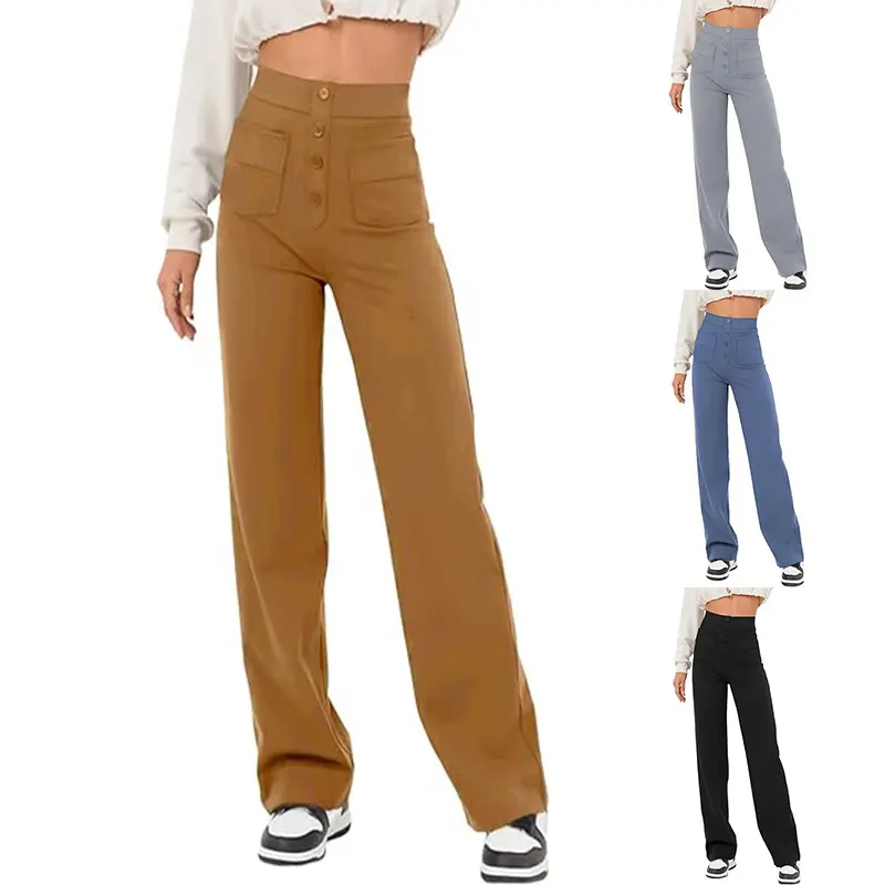 High Waist Trousers with Pockets Casual Loose Wide Leg