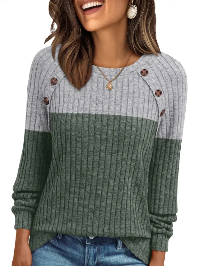 Women's Round neck Sunken Stripe Brushed Solid Color Top Long Sleeve Green - Shop at LoveMi