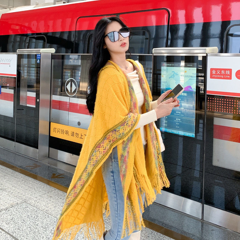 Ethnic-style Hooded Shawl For Women, Outerwear Pullover Cape