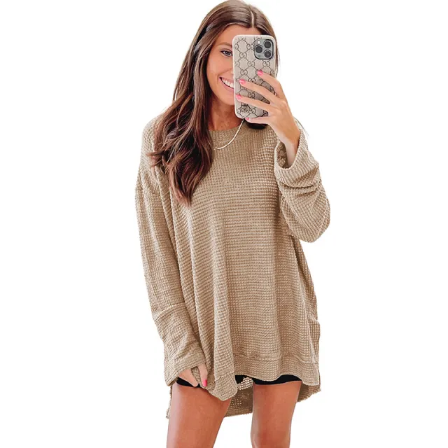 Solid Color Loose fitting Pullover Round neck Waffle Sweater Khaki - Shop at LoveMi