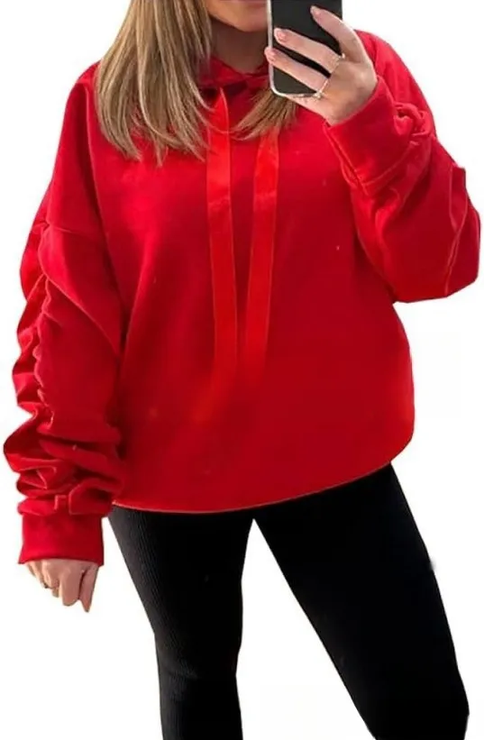 Women's Sweater Lantern Sleeve Design Loose Hooded Red - Shop at LoveMi