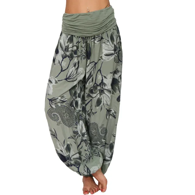 European And American Printed Loose Casual Wide leg Harem Pants Army Green - Shop at LoveMi