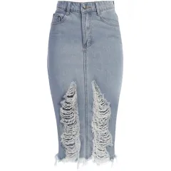 Mid-length Blue Denim Retro Urban Leisure One-Step Solid Skirt - Blue - View 1
