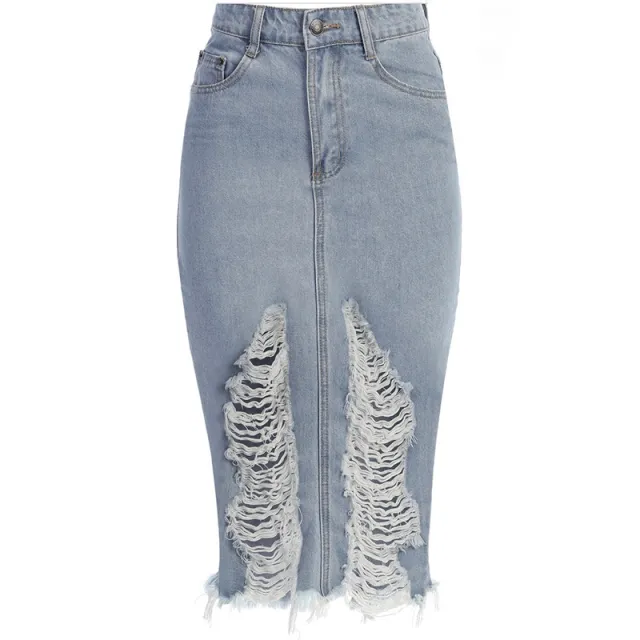 Mid length Blue Denim Retro Urban Leisure One Step Solid Skirt Blue - Shop at LoveMi
