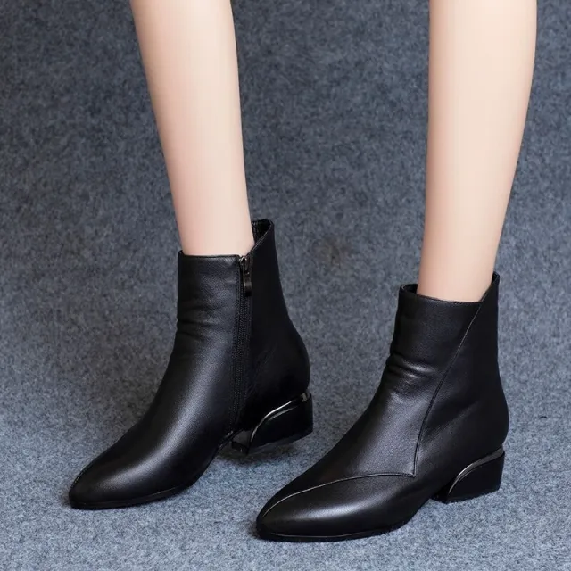 Pointed toe Short Tube Chunky Heel Martin Boots Black - Shop at LoveMi