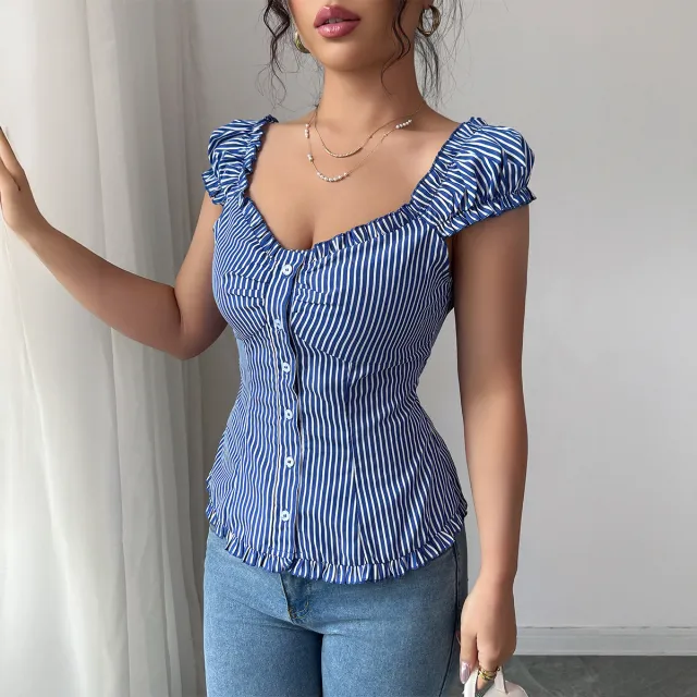 Elegant And Versatile Striped Cardigan Top Blue - Shop at LoveMi
