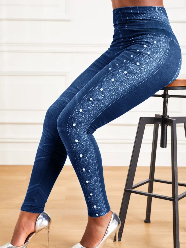 Denim Yoga Pants Skinny Hip Raise Slim Fitted Waist Blue - Shop at LoveMi
