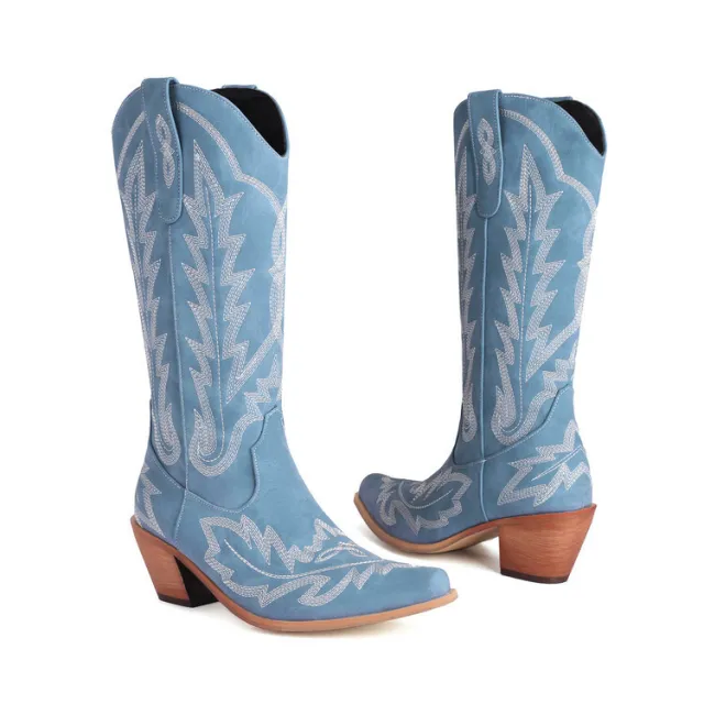 Embroidered Long Knee high Boots Pointed Toe Chunky Heel High Heel Blue - Shop at LoveMi