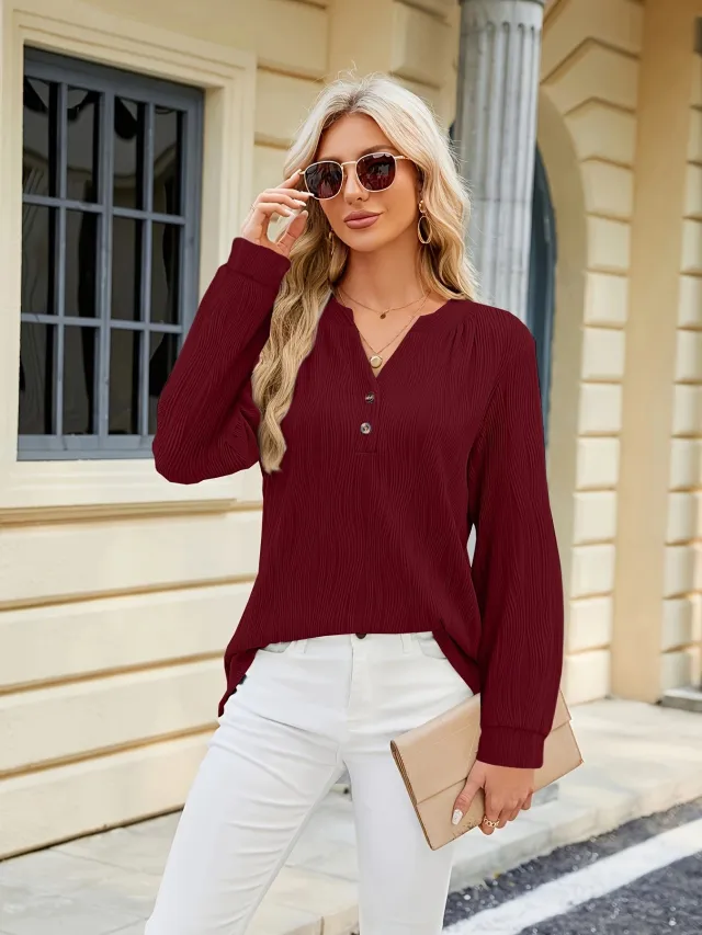 Solid Color And V neck Button Casual Shirt Women's Top Wine Red - Shop at LoveMi