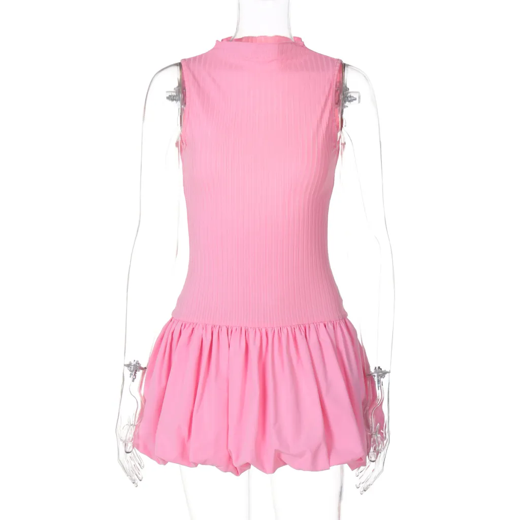 Women's Summer Fashion Back Hollow Slim Pleated Dress - Pink