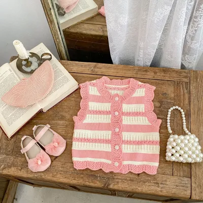 Baby Cotton Yarn Striped Knitted Cardigan Vest