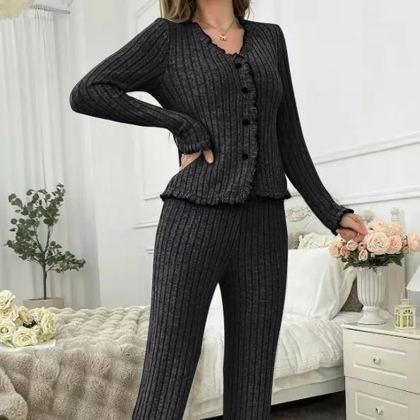 Womens Breathable Casual Cardigan Loungewear Set Black - Shop at LoveMi