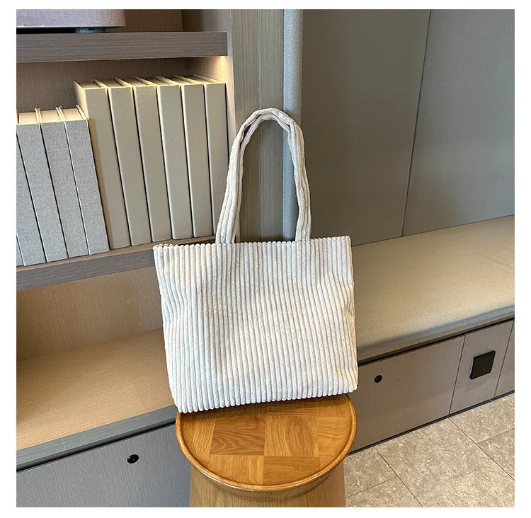 Solid Color Retro Corduroy Fashion Design Shoulder Bag - White