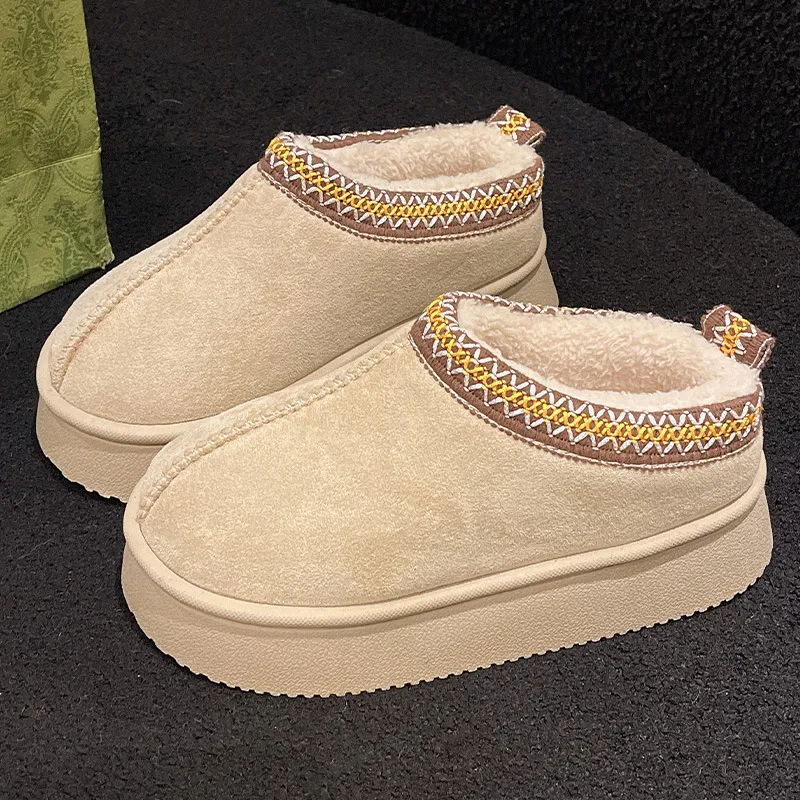 Suede Cotton Slippers Women Autumn Winter - Beige