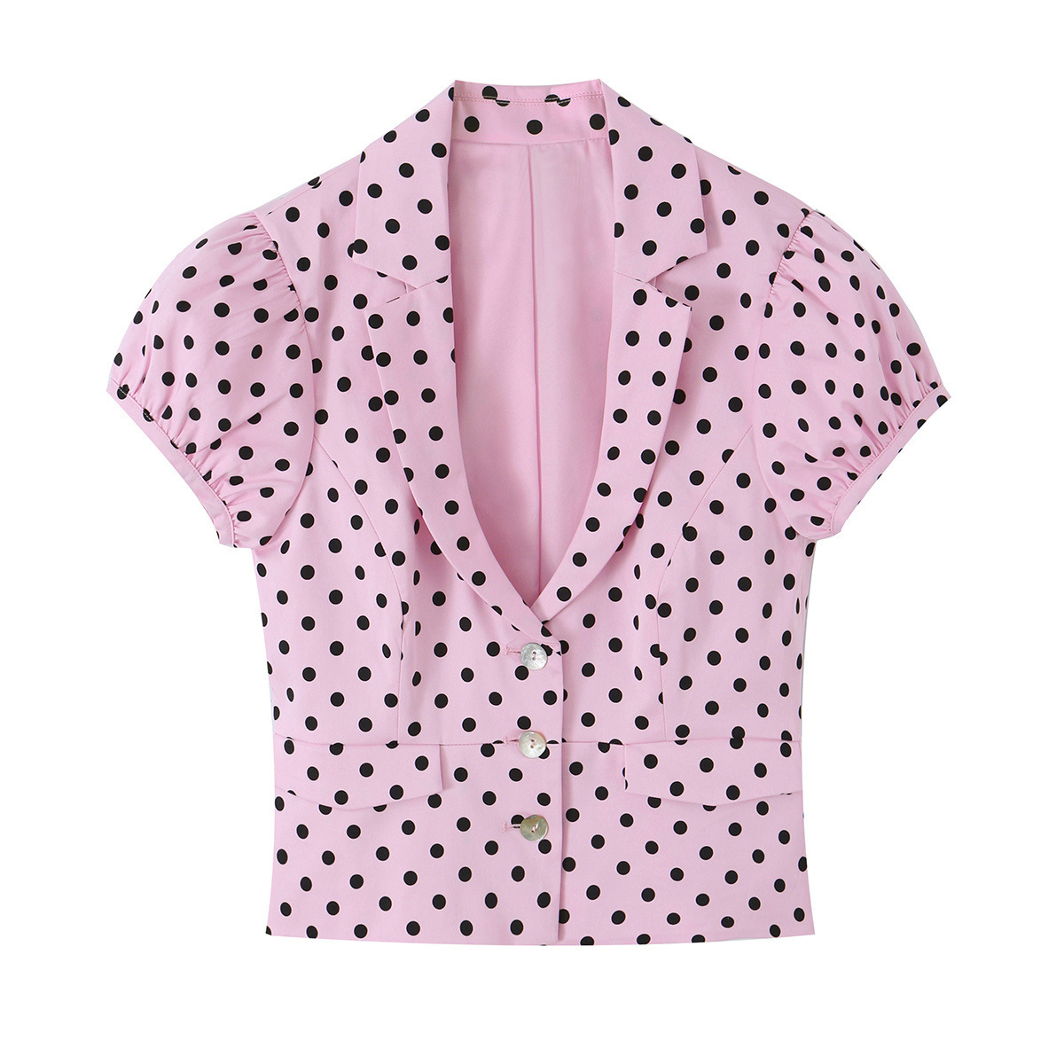 Womens Summer New Arrival French-Style Single-Breasted Short-Sleeve V-Neck Polka-Dot Print Top