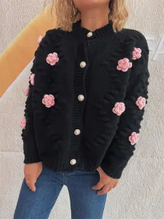 Cute Three-dimensional Flower Decorative Knitted Cardigan Round Neck Sweater - Black - View 1
