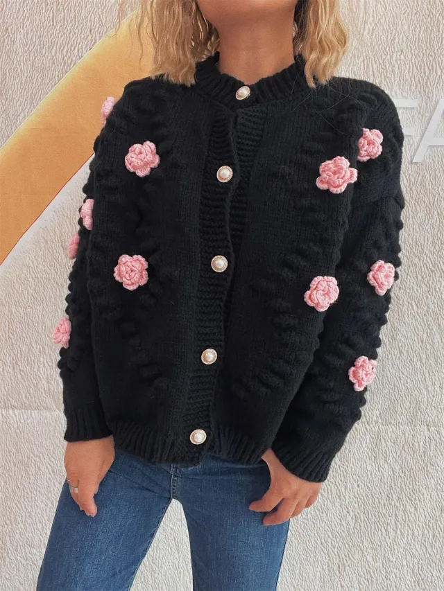 Cute Three dimensional Flower Decorative Knitted Cardigan Round Neck Sweater Black - Shop at LoveMi