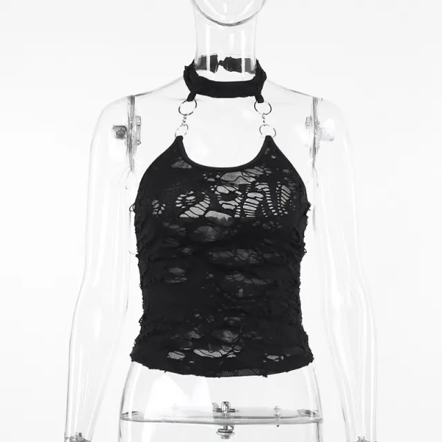 Dark Style Ripped Cool Fabric Halter Top Women Black - Shop at LoveMi