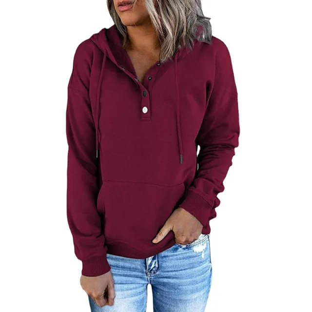 Long sleeved Hooded Sweatshirt With Pockets Fashion Casual Button Drawstring Design Hoodie Top Spring And Autumn Sports Clothing For Women Wine - Shop at LoveMi