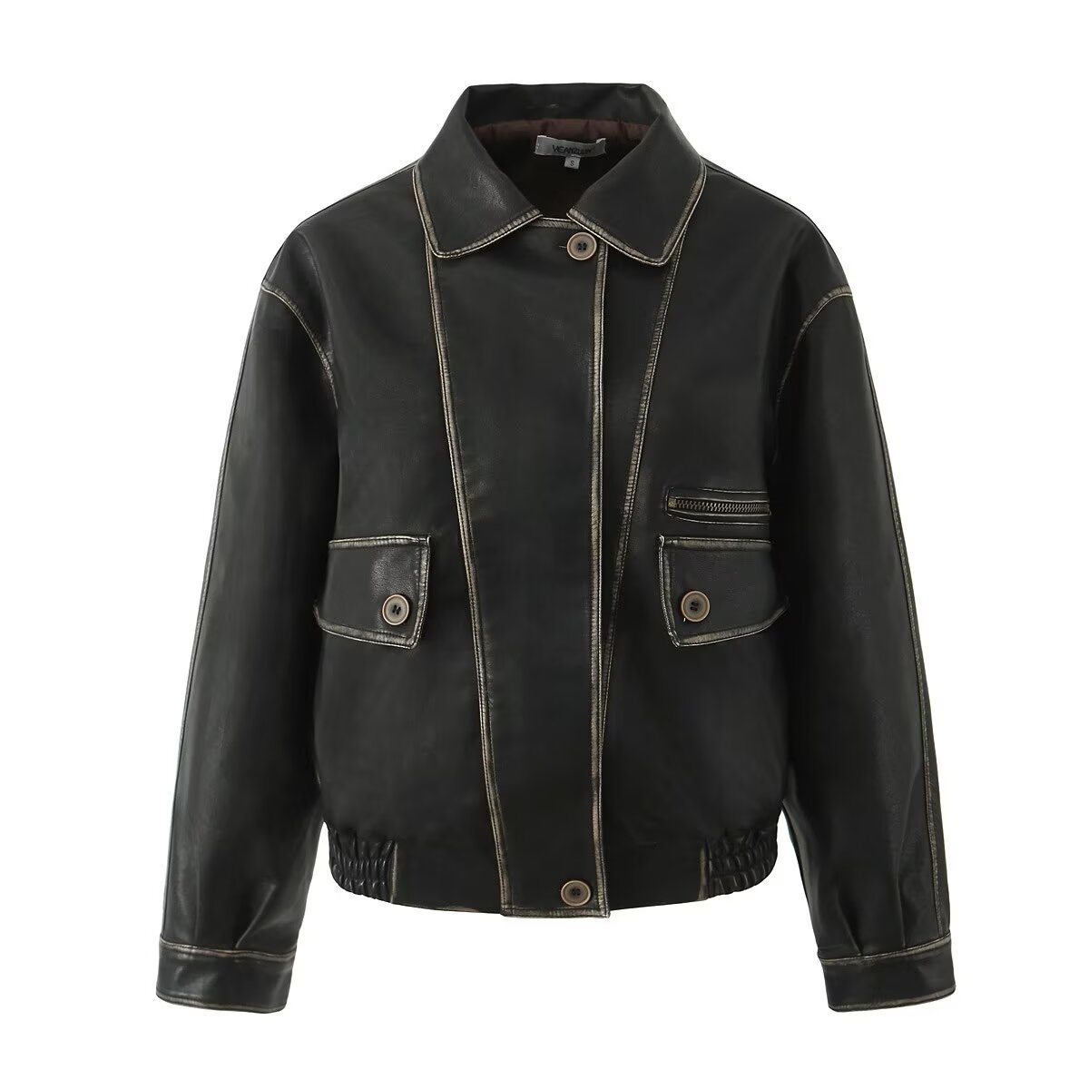 American Retro Asymmetric Colored Leather Distressed Casual Polo Collar Short PU Leather Jacket