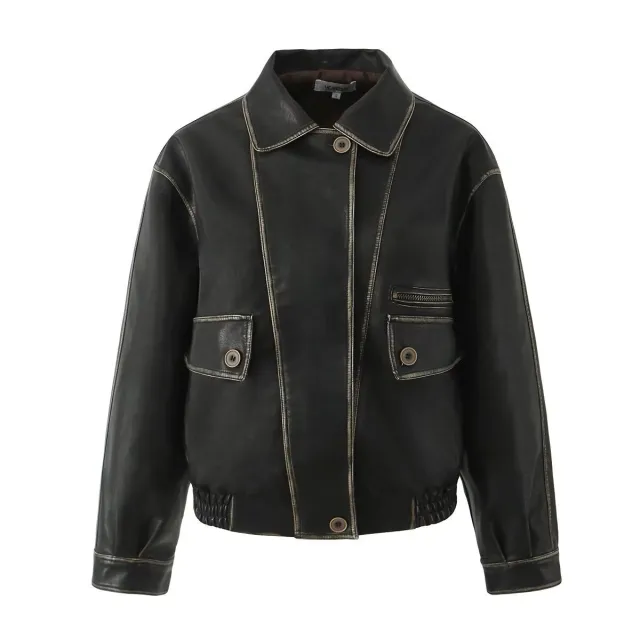American Retro Asymmetric Colored Leather Distressed Casual Polo Collar Short PU Leather Jacket Black - Shop at LoveMi