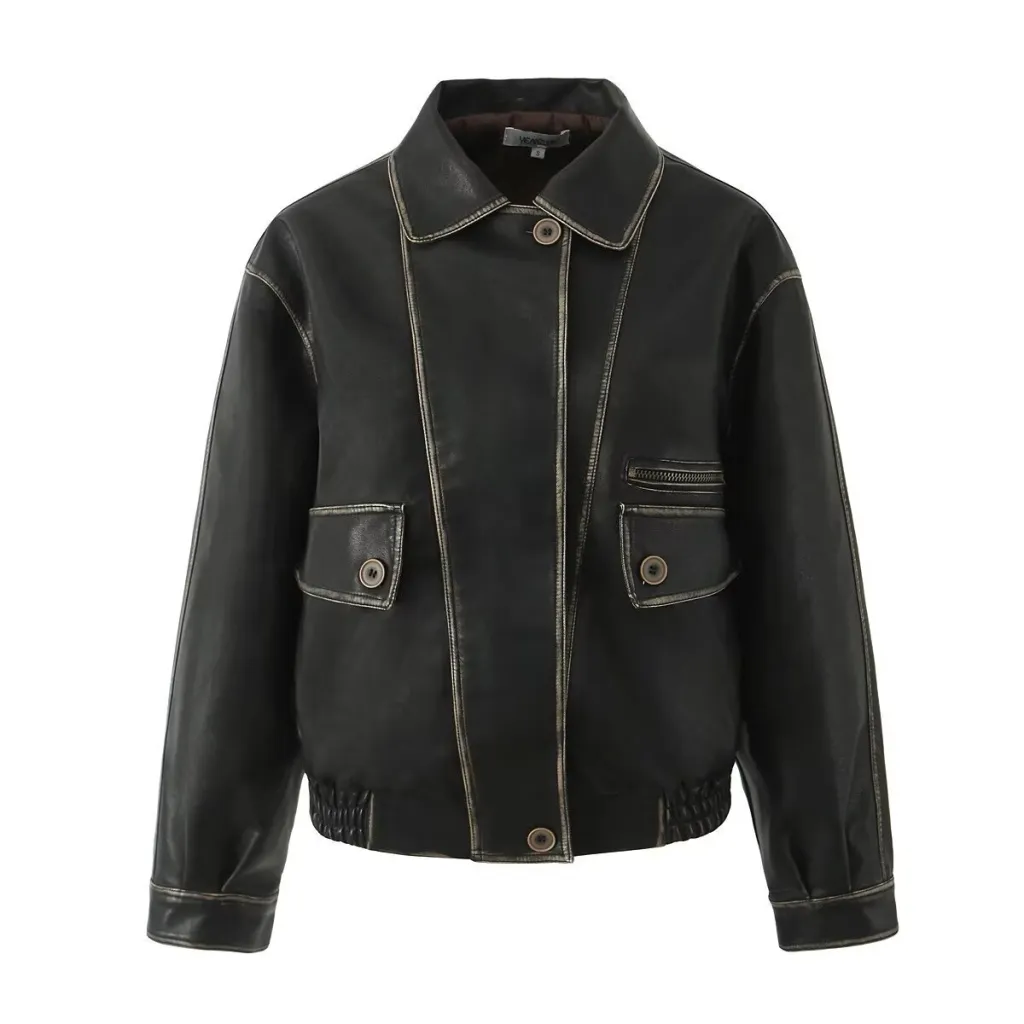 American Retro Asymmetric Colored Leather Distressed Casual Polo Collar Short PU Leather Jacket - Black