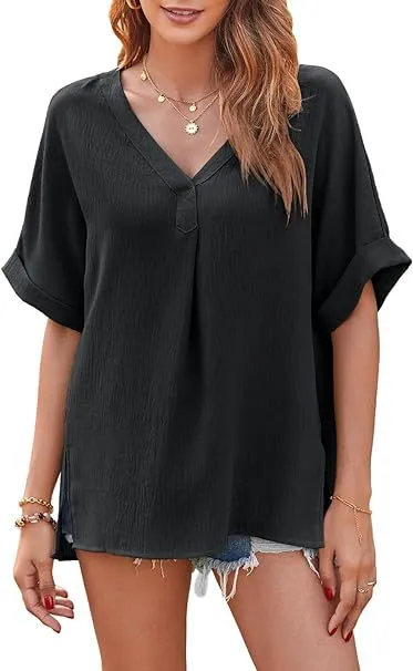 Spring And Summer Solid Color Short Sleeve Loose Blouse Black - Shop at LoveMi