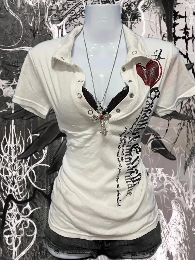 Retro Spicy Girl Printed Short sleeved T shirt Slim Fit Slimming White - Shop at LoveMi