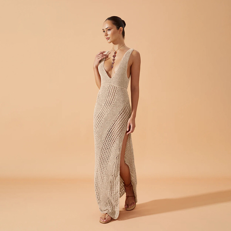 European And American-style Solid-color Sexy V-neck Slit Knit Beach Dress For Women