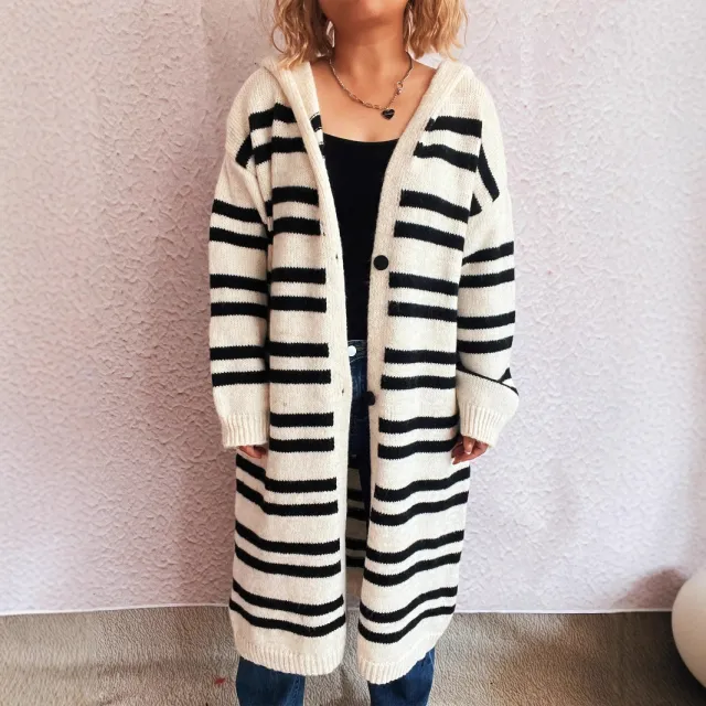 Hooded Color Contrast Striped Retro Casual Loose Sweater White - Shop at LoveMi