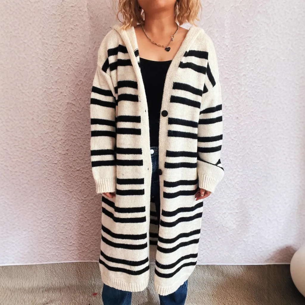 Hooded Color Contrast Striped Retro Casual Loose Sweater - White