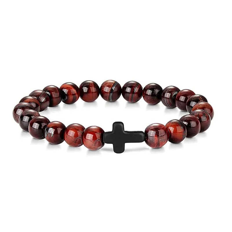 Tigereye White-barked Pine Obsidian Cross Men's Beaded Bracelet