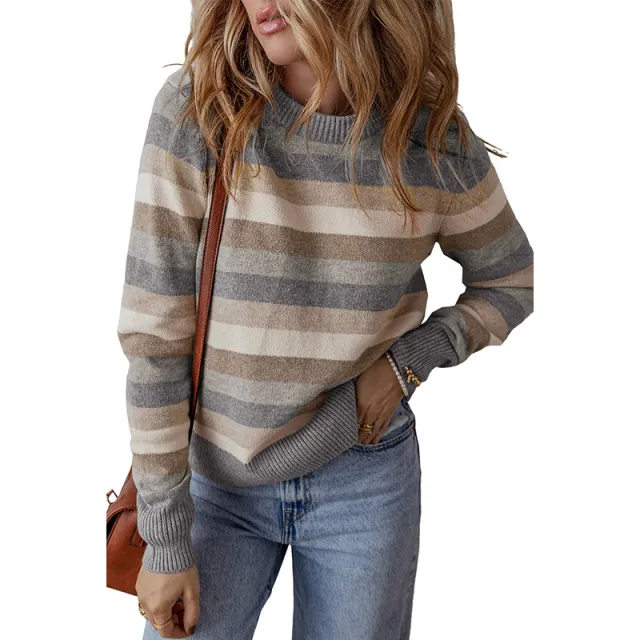 Autumn Pullover Round Neck Long Sleeves Women's Casual Simple Color Matching Printed Sweater Gray - Shop at LoveMi