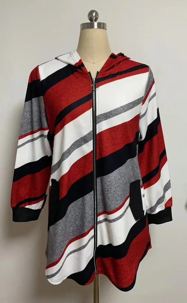 European And American Loose Striped Hooded Zip Long Sleeve Coat - Shop at LoveMi