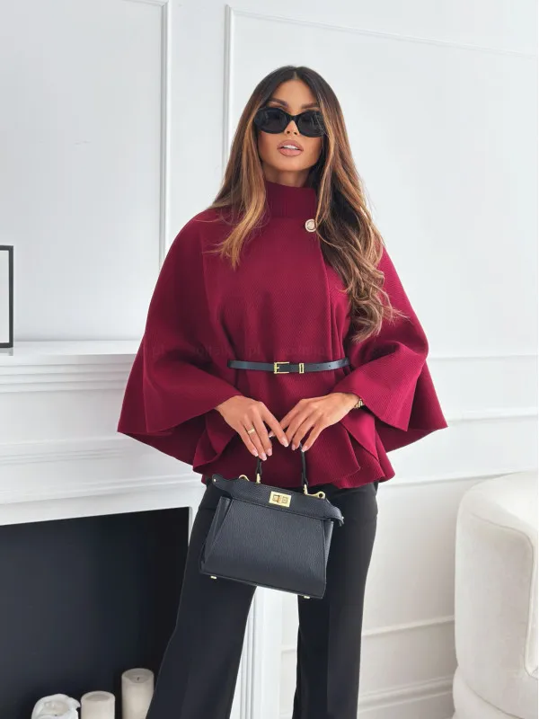 New Stand Collar Batwing Sleeves Cloak Top With Belt Ins Fashion Temperament Jacket Woolen Sweater Outwear For Women Clothing Wine Red - Shop at LoveMi