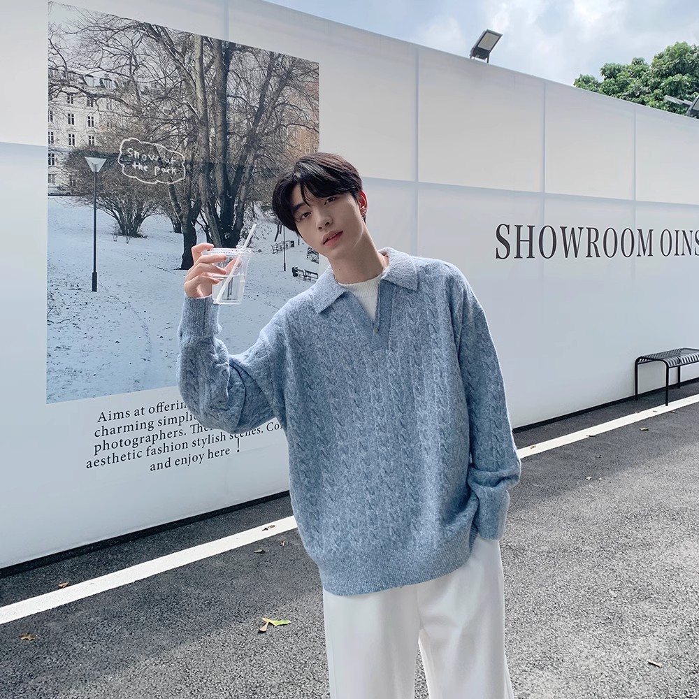 Mens Retro Herringbone Textured Lapel Pullover Sweater