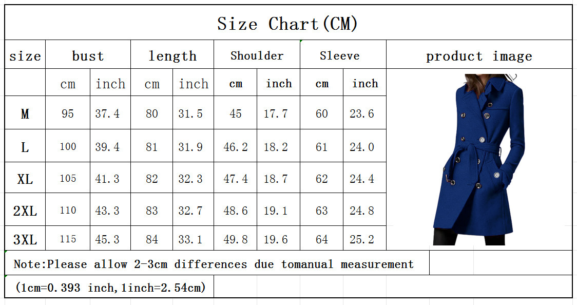 Women's Double-Breasted Longline Coat - M to 3XL size chart