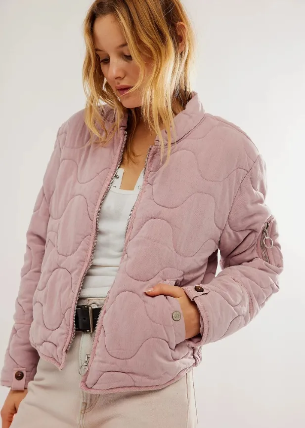 Women's Casual Quilted Cotton Jacket Loose Stand Collar Coat - Tan