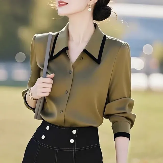 Fashionable High end Olive Green Lapel Long sleeved Shirt Olive - Shop at LoveMi