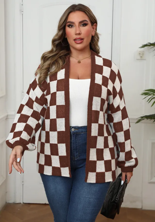 Contrast Patchwork Chessboard Plaid Loose Casual Sweater Coat Coffee White - Shop at LoveMi