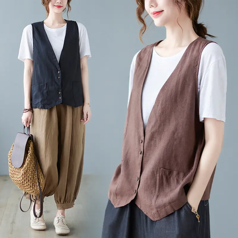Artistic Relaxed-fit Solid-color Cotton-linen Sleeveless Vest