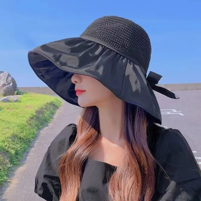 Black Rubber Female UV Protection Face Cover Folding Sun Hat Black - Shop at LoveMi