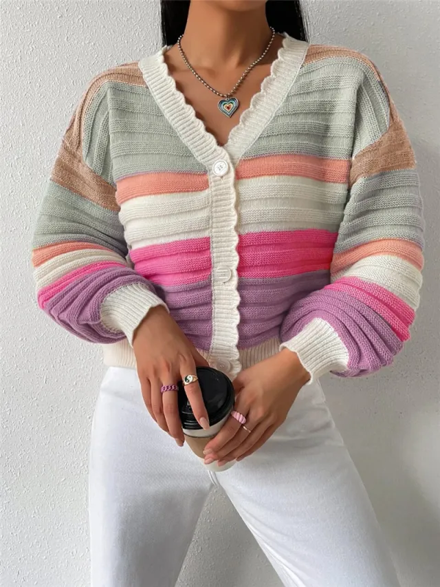 Knitted Cardigan Colorblock Sweater Coat Women's Rainbow Striped Lantern Sleeve Rainbow - Shop at LoveMi