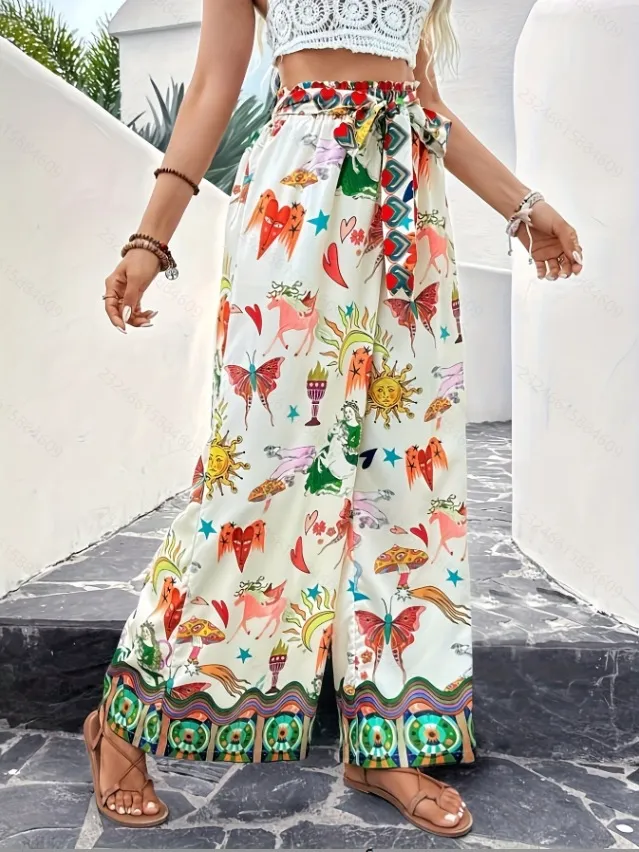 Fashionable Printed Loose High Waist Lace up Wide Leg Trousers 2 Style M - Shop at LoveMi