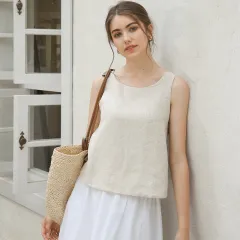 Linen Vest Versatile Back Cross Slimming Top - Linen Pure Linen-S - View 1